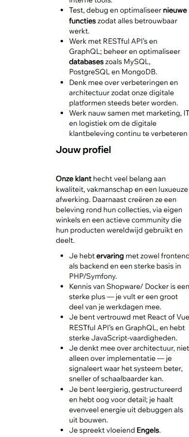 GSM-screenshot van de vacaturedetailpagina: de paragraaf Onze klant staat tussen de kop Jouw profiel en de bijbehorende bullets