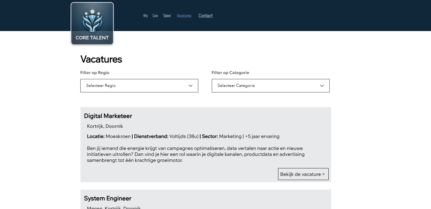 Bovenkant van de vacaturelijst: logo dat onder de header uitsteekt, twee filters, vacaturekaart met regio én locatie
